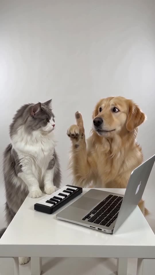 Frame from an AI-made video: a grey and white cat plays a mini keyboard in a white studio while a golden retriever beside it lifts a paw
