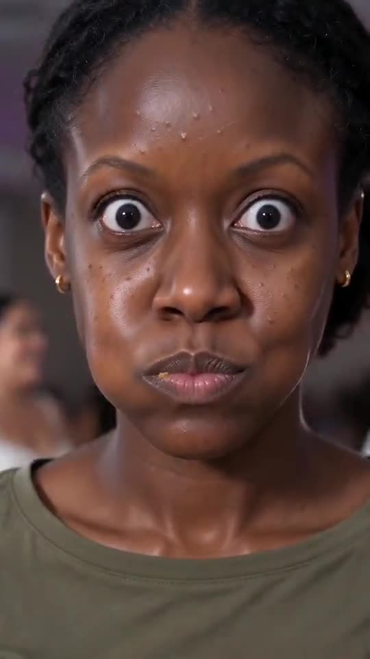 Stare-shot close-up: wide eyes on the camera, an olive T-shirt, dancing guests dissolving behind her