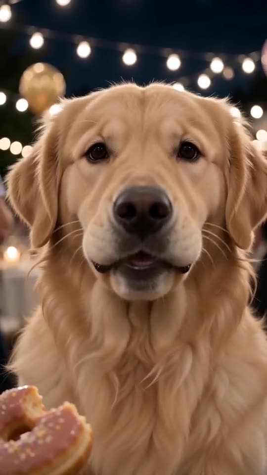 Night party sample: a golden retriever looks into the lens under string lights, with a pink sprinkled donut in the corner