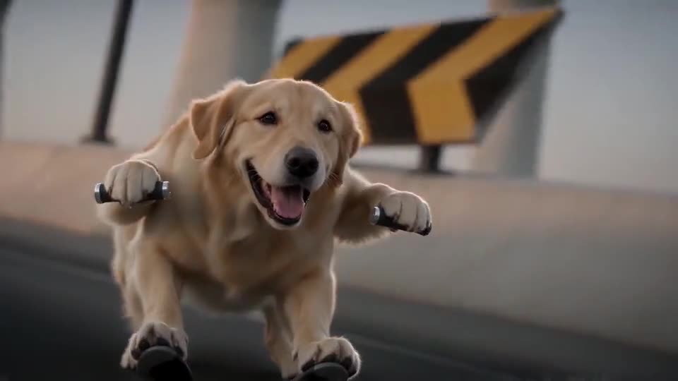 Template frame: a golden retriever, tongue lolling, held in a mid-air crouch over the same highway, front paws reaching out for bars that aren't there