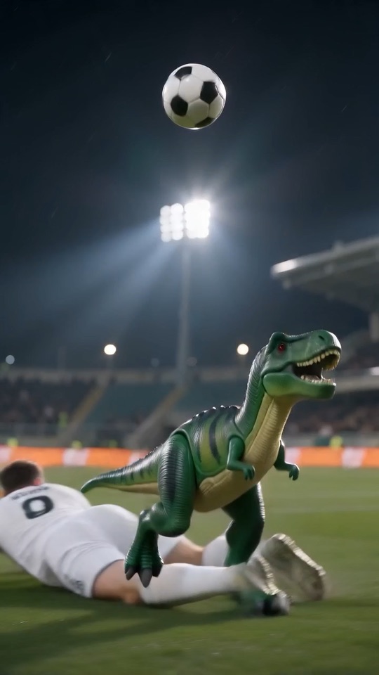 Example frame: a toy T-rex brought to life, running upright toward goal under stadium lights