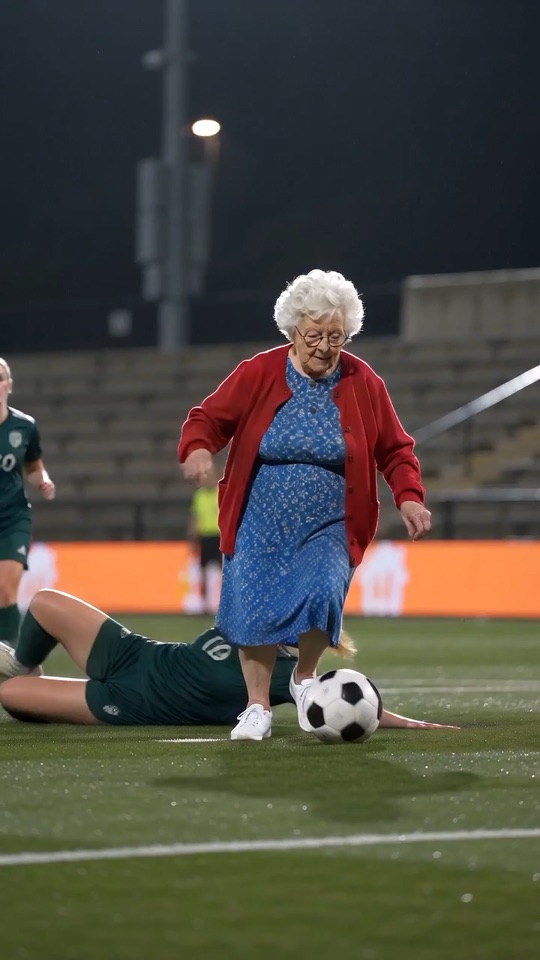 Example frame: a grandmother with arms spread wide as the crowd cheers