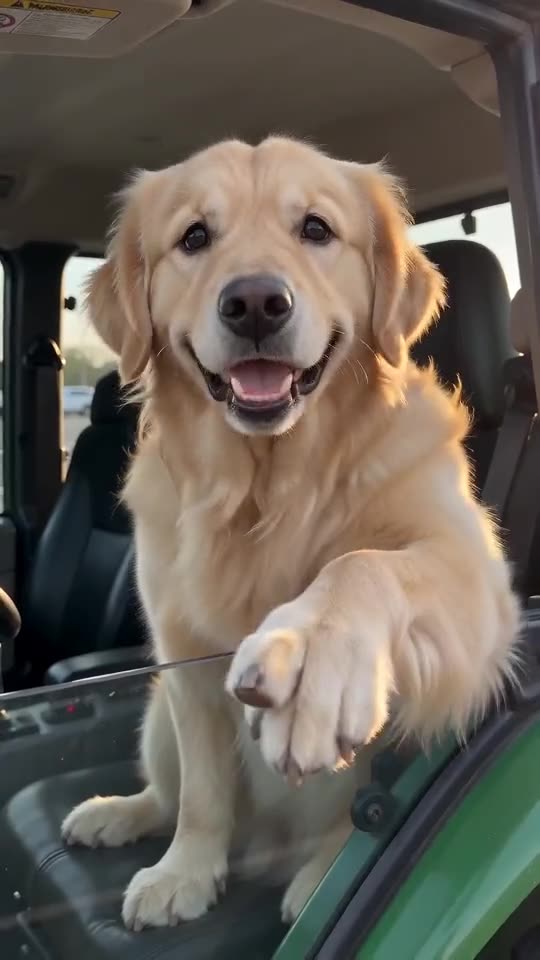 Still from a generated clip: a golden retriever in the cab of a green tractor, ears up, mouth slightly open, parking lot behind it