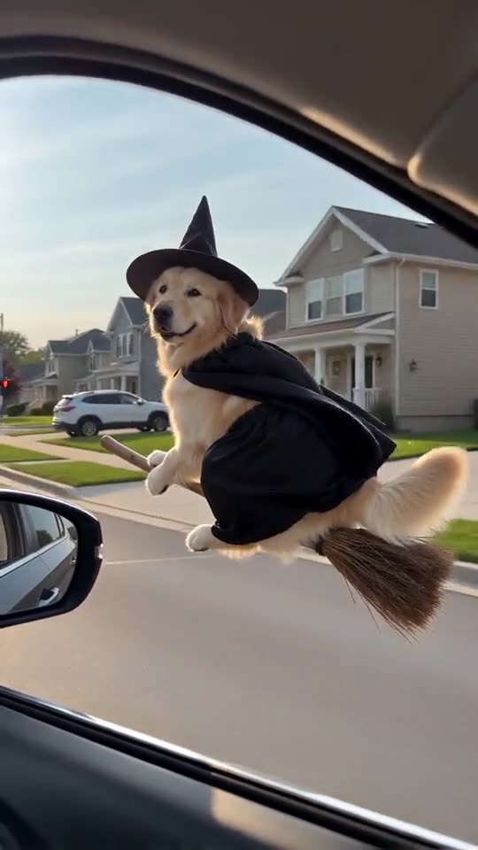 Still from a generated clip: a dog in a small witch hat by a car window, a STOP sign close by