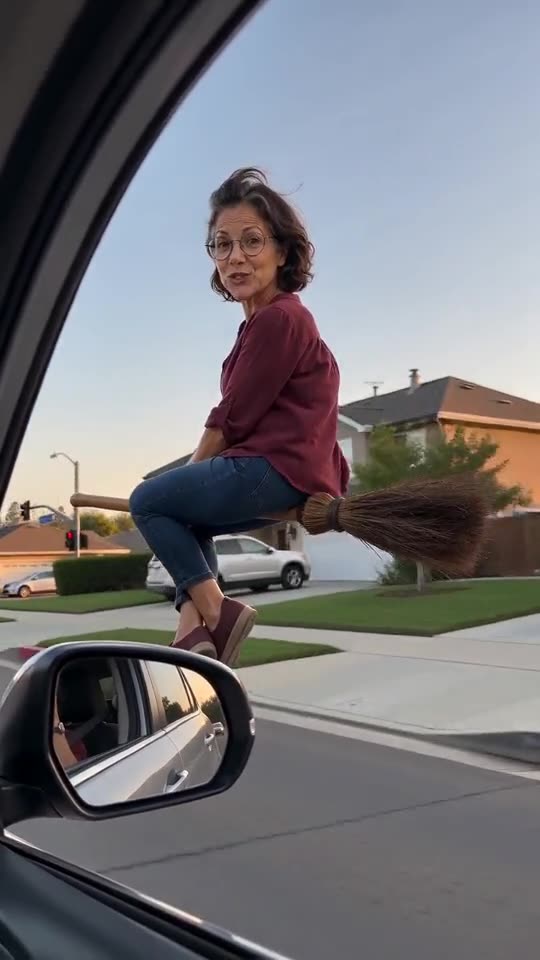 Still from a generated clip: a curly-haired woman in a red top perched on a broom outside a car's open window, tidy houses behind her