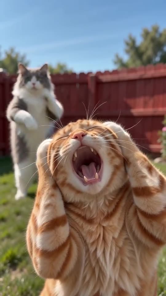 Frame from the cat clip: orange cat, paws clamped to its head, shouting at the lens, with a grey and white cat dancing behind and a red fence in the background
