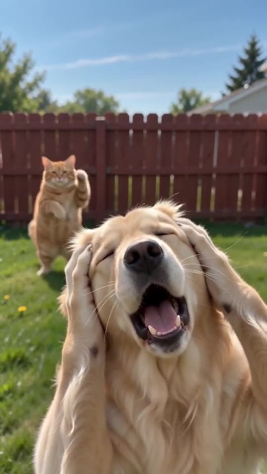 Still from the dog clip: golden retriever, both paws on its head, yelling at the lens; orange cat dancing in the back; red fence behind