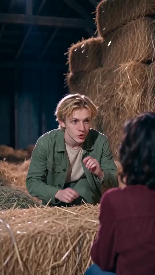 Sharp, bright still of the Dancer crouching in hay