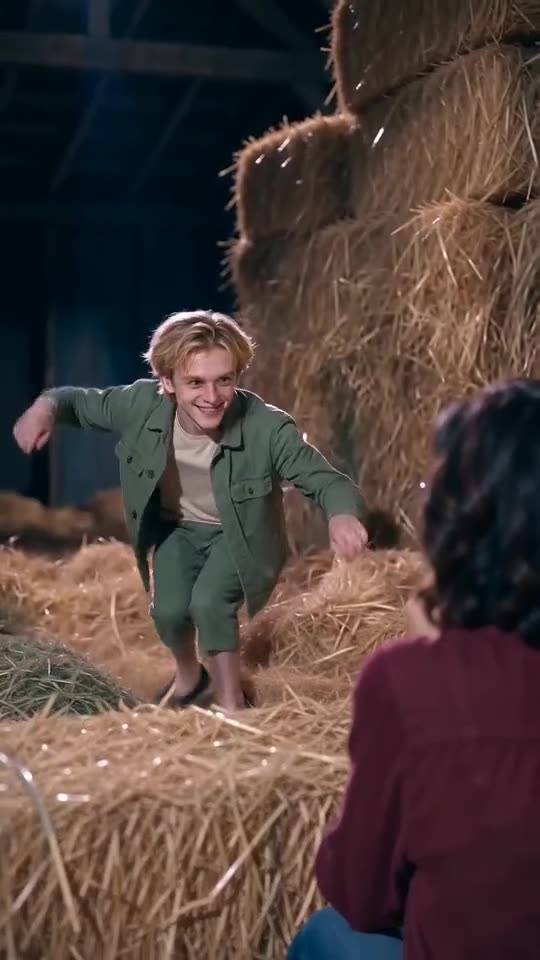 Still from a clip rendered here: the Dancer smiling, arms out, in the barn