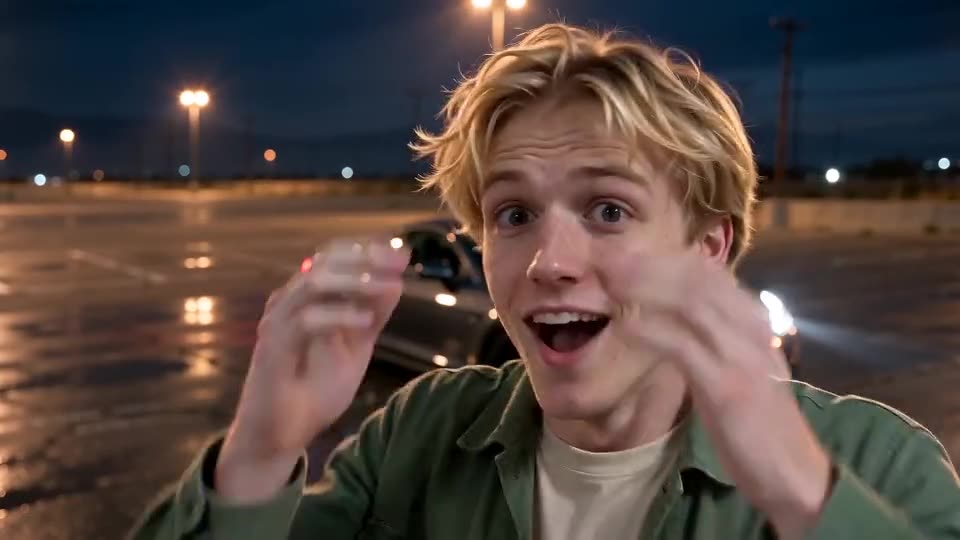 Sample still: blond hair, green jacket, both hands raised in surprise, a black sports car waiting on a wet night lot
