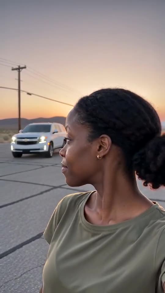 AI video still: a woman looks round and spots the white SUV that has just appeared behind her